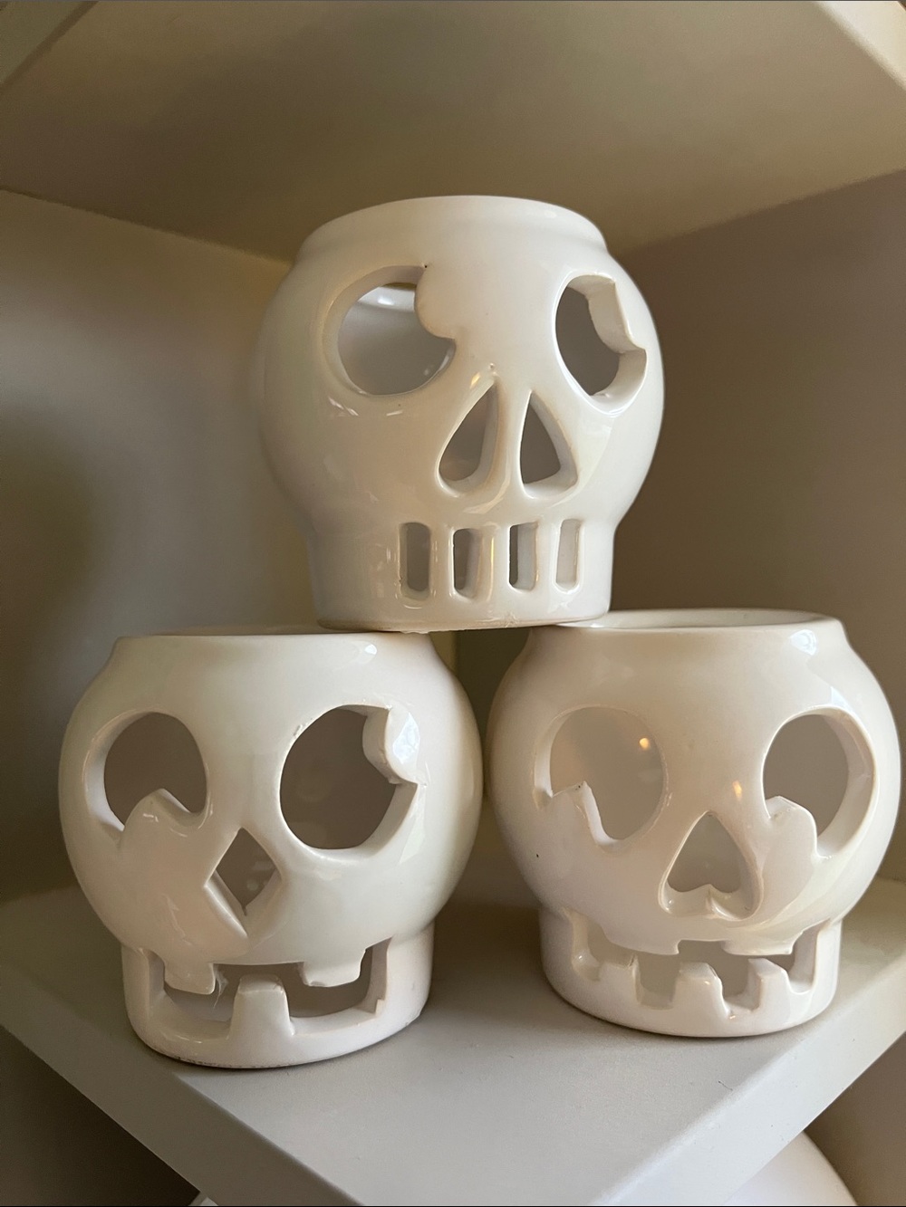 White Ceramic Skull Tea Light Holders - Set of 3